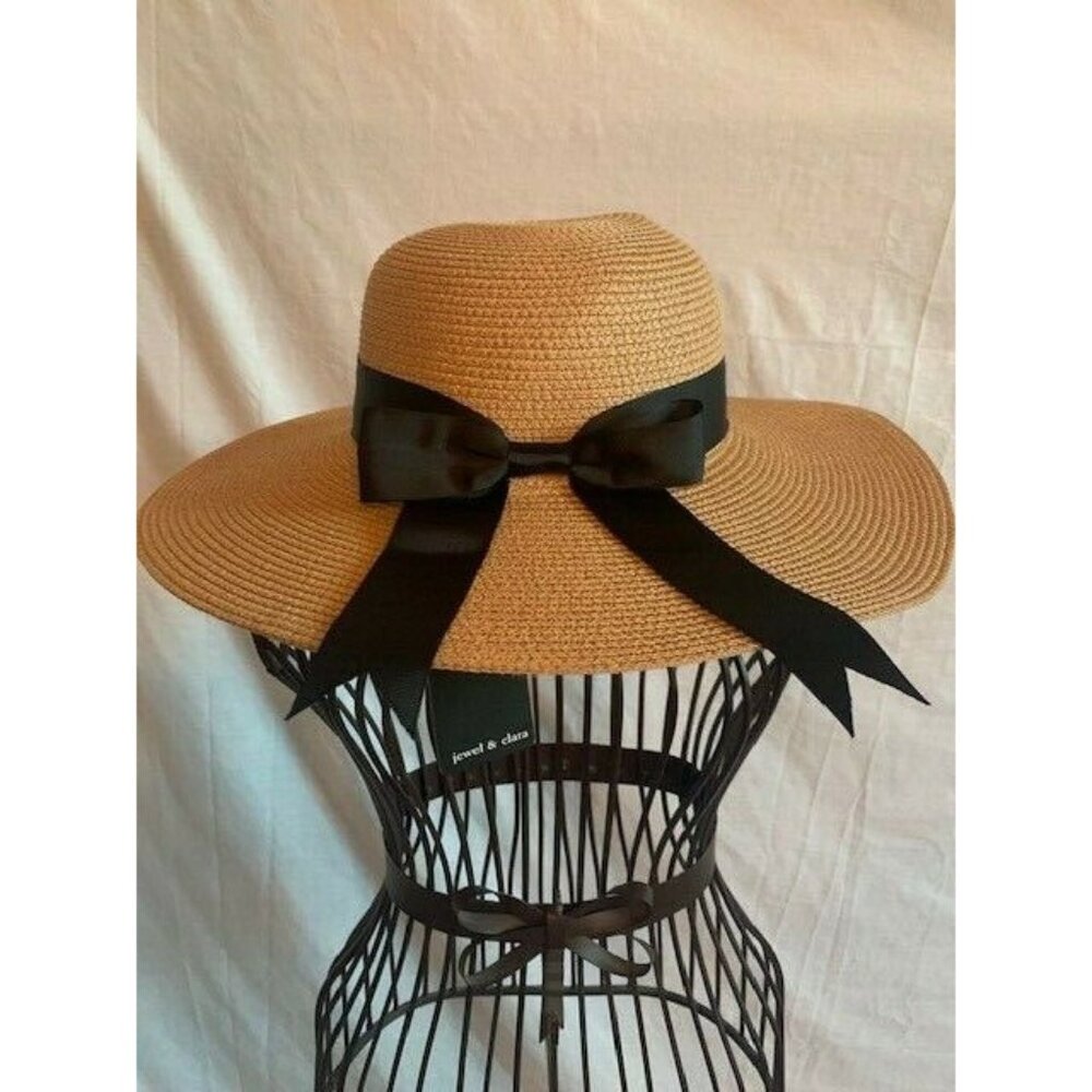 Jewel and Clara New Women's Straw Hat with Black Bow. One Size.
